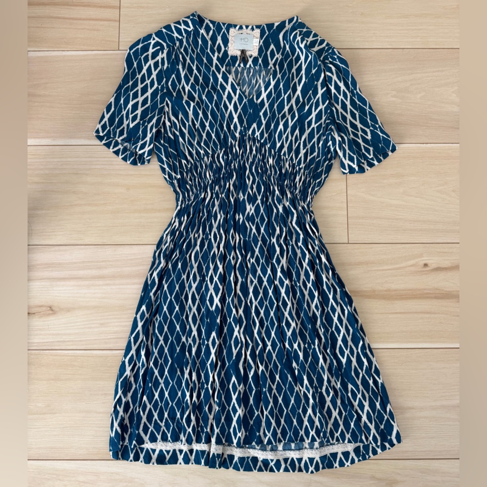 Anthropologie HD in Paris Teal and White Geometric Dress